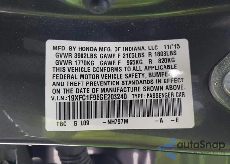 2016 Honda Civic Touring from USA, damaged, VIN 19XFC1F95GE203240